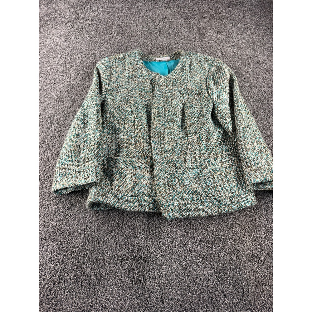 Dressbarn Womens M Tweed Jacket Turquoise Brown Open Front Blazer Career